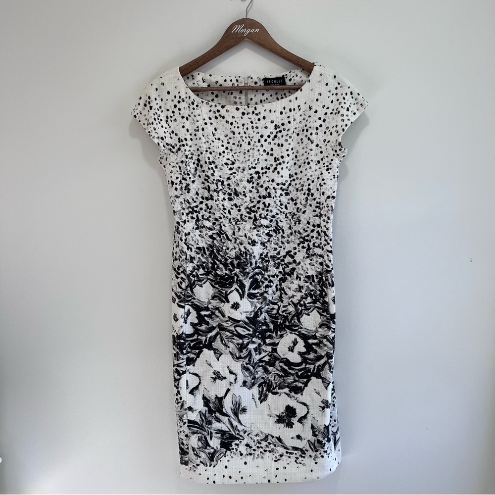 Yeohlee Floral print Sheath Midi Dress Cap Sleeves, Boat Neck, Black & White, 8 - Picture 2 of 13
